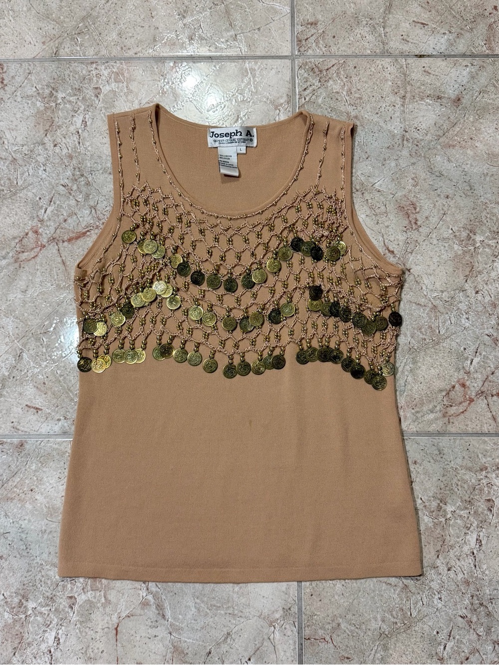 Y2K Joseph A Tan Beaded Coin Embellished Knit Tank Top L